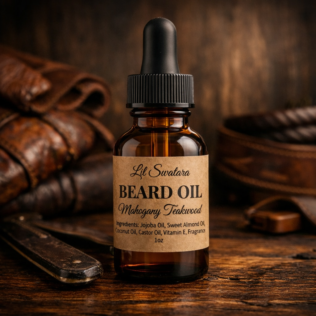 Mahogany Teakwood beard oil for men in amber dropper bottle on dark wood with leather and straight razor, Lil Swatara