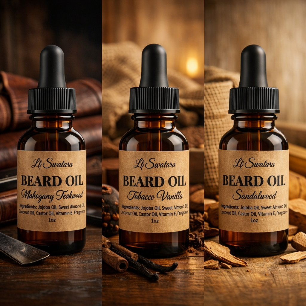 Men’s beard oil trio in amber bottles with Mahogany Teakwood, Tobacco Vanilla and Sandalwood scents on rustic wood, Lil Swatara
