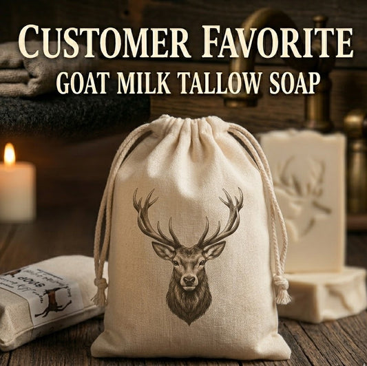 Muslin drawstring bag with stag head emblem for men’s goat milk tallow soap, styled on rustic dark background.