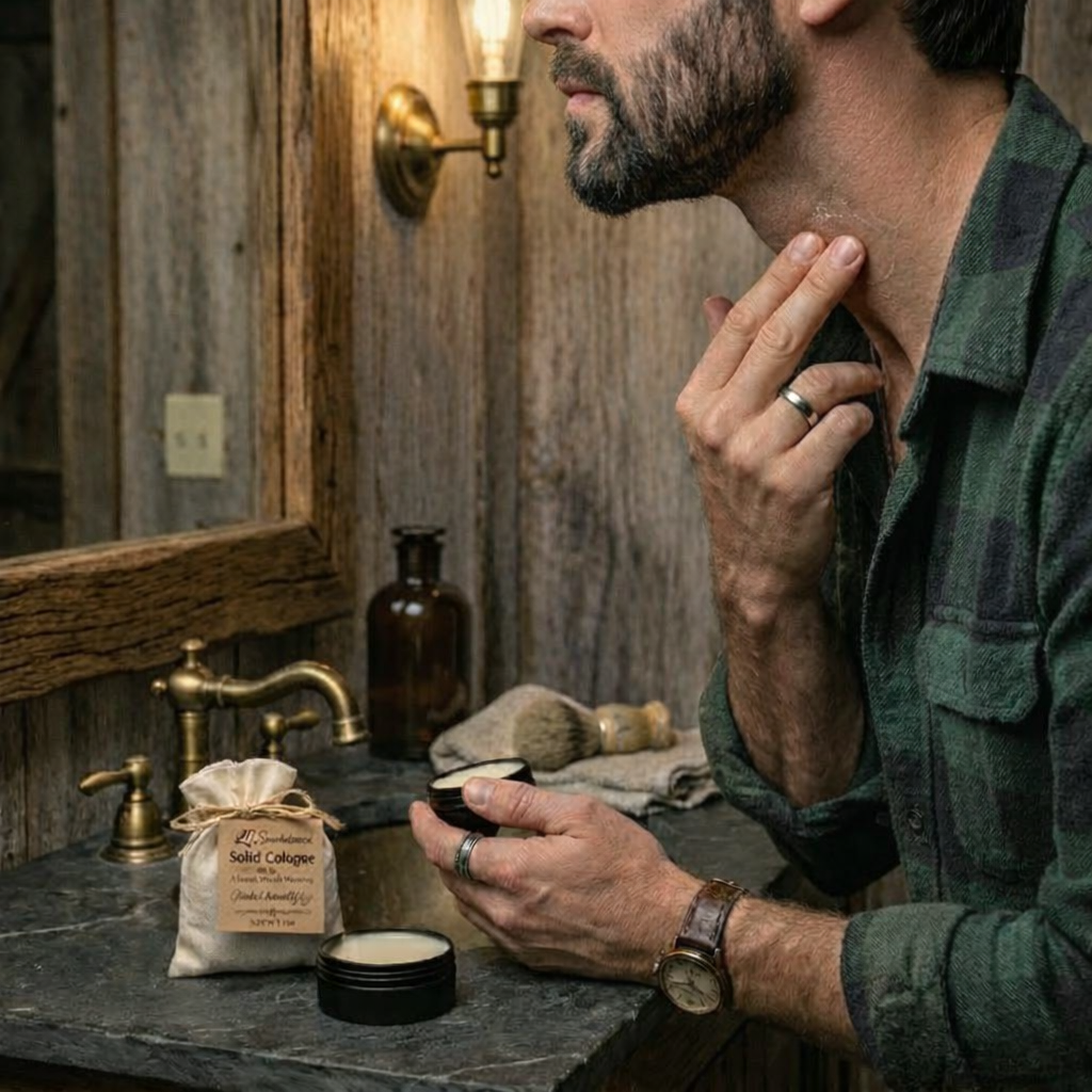 Man applying Lil Swatara solid cologne at rustic bathroom sink with matte black tin and muslin sack on stone countertop