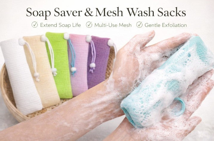 Mesh soap saver pouch for exfoliating and boosting rich lather, designed to make soap last longer.
