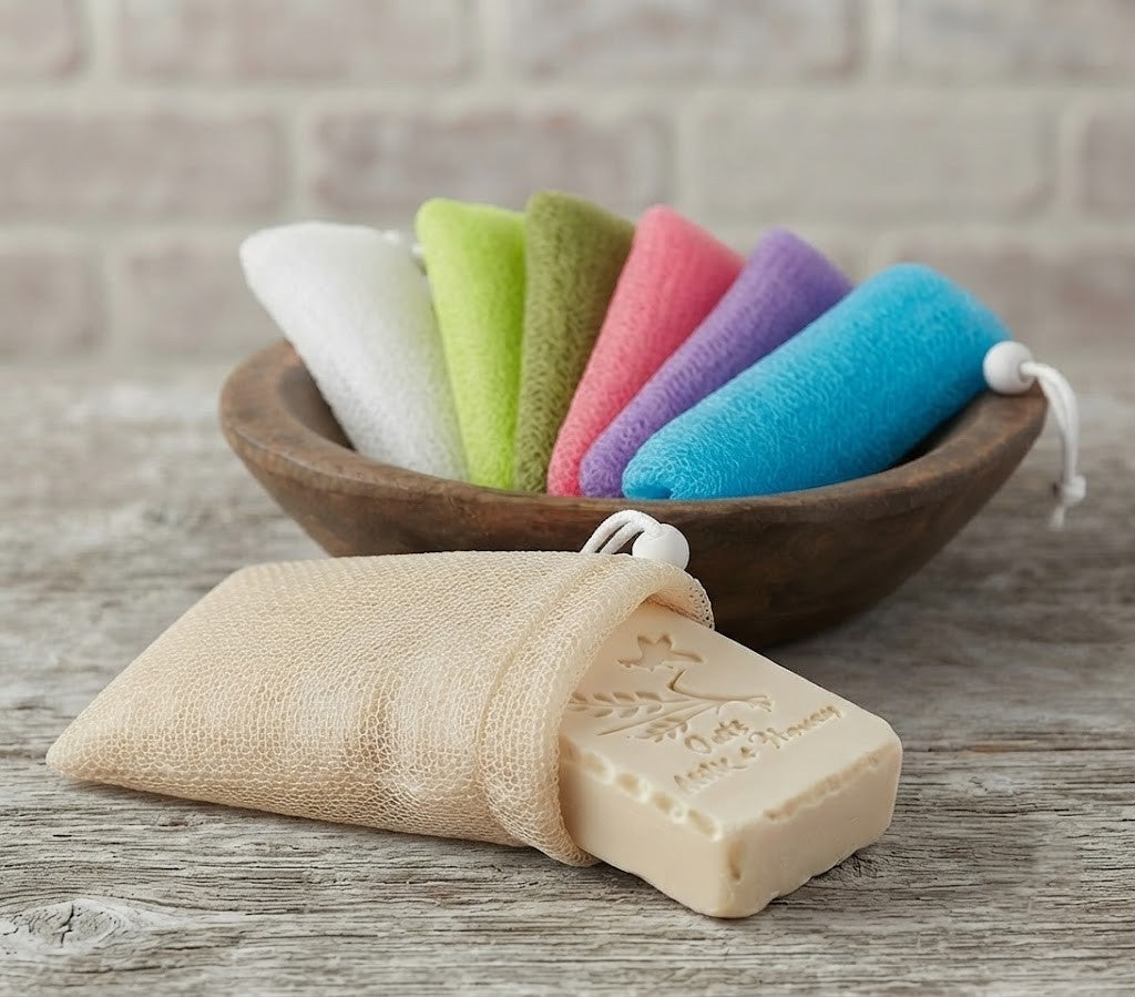Mesh soap saver pouch for exfoliating and boosting rich lather, designed to make soap last longer.
