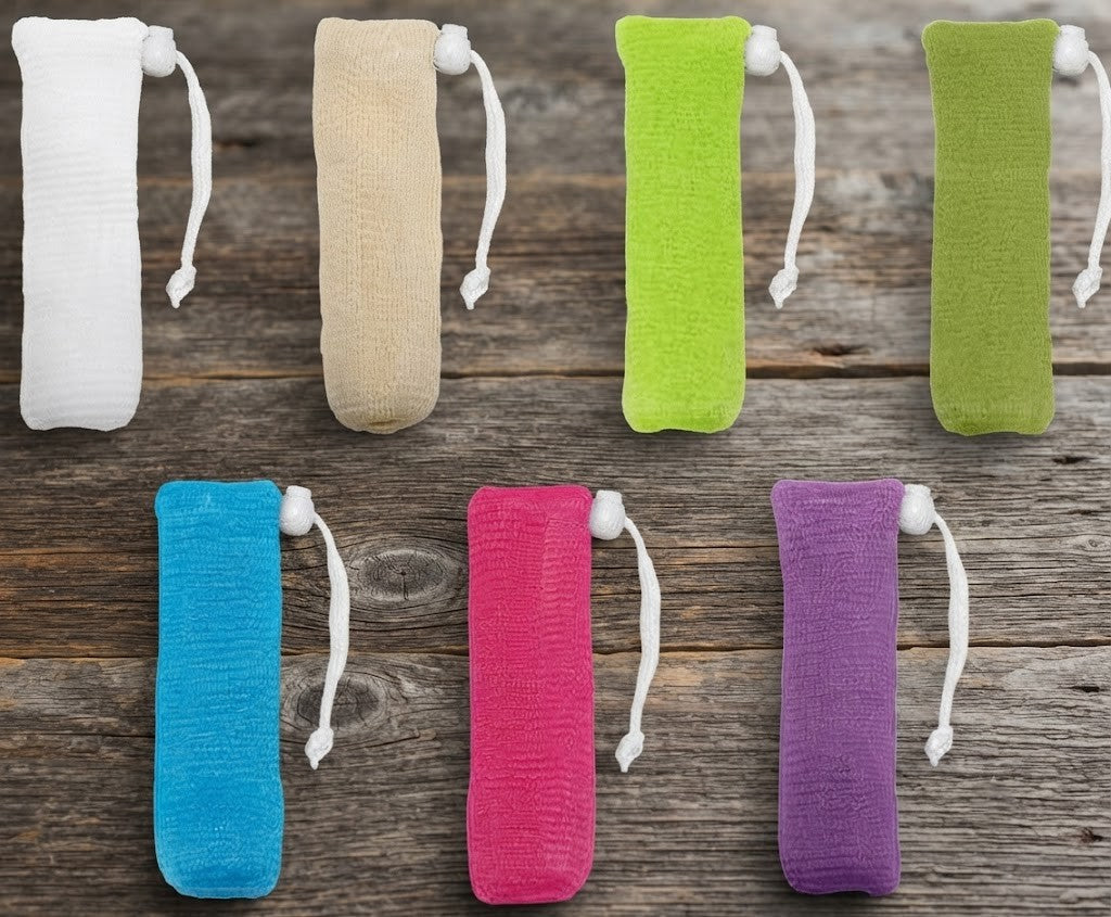 Mesh soap saver pouch for exfoliating and boosting rich lather, designed to make soap last longer.
