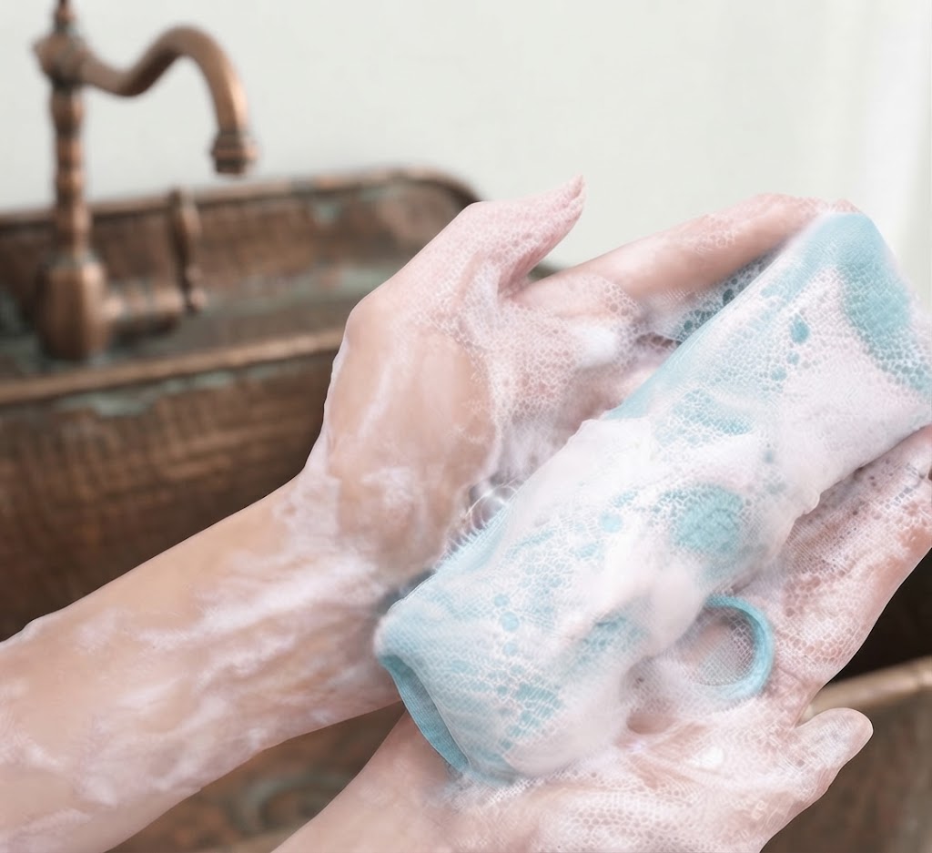 Mesh soap saver pouch for exfoliating and boosting rich lather, designed to make soap last longer.
