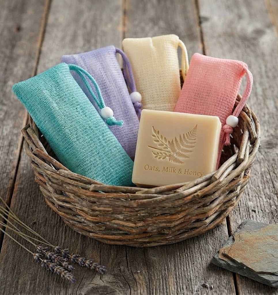 Mesh soap saver pouch for exfoliating and boosting rich lather, designed to make soap last longer.

