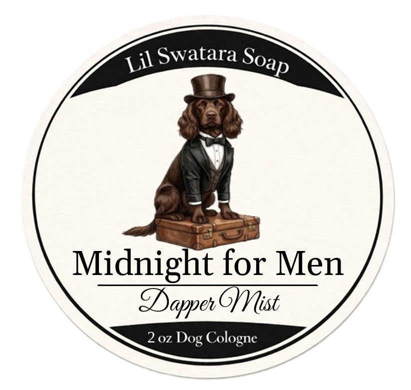 Dog freshening spray label with illustrated dog in tux, Midnight scent, Lil Swatara Soap branding.