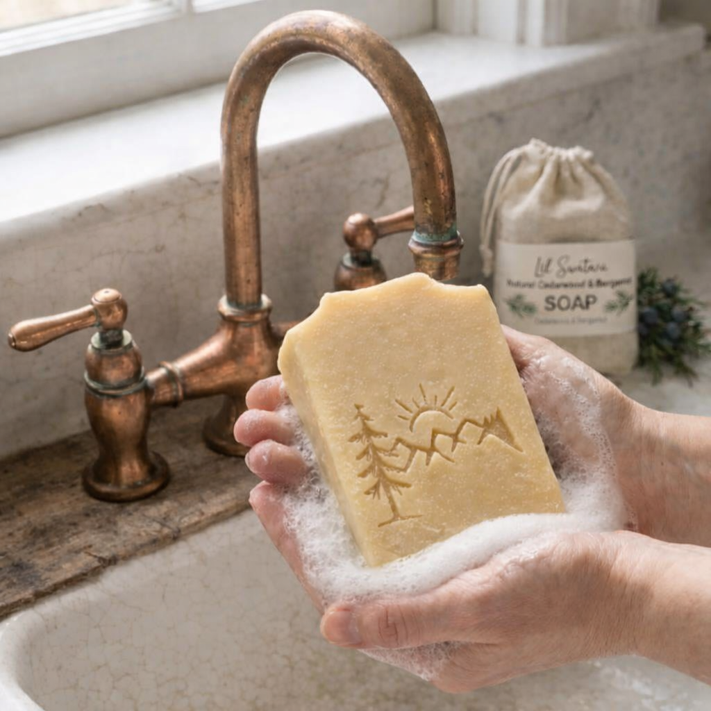 Lil Swatara Natural Cedarwood and Bergamot tallow goat milk soap bars with stamped design and muslin bag on rustic sink.