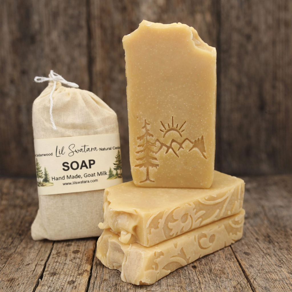 Lil Swatara Natural Cedarwood and Bergamot tallow goat milk soap bars with stamped design and muslin bag displayed on rustic barnwood table.