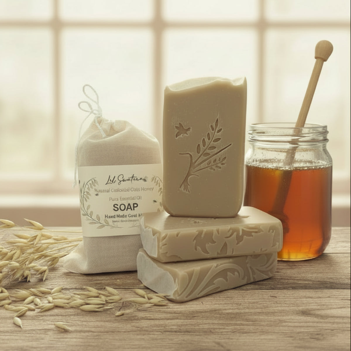 Handmade natural goat milk soap with colloidal oats and local honey, embossed with a leaf and bird design, displayed with a muslin bag, raw oats, and a jar of honey on a rustic wooden surface.