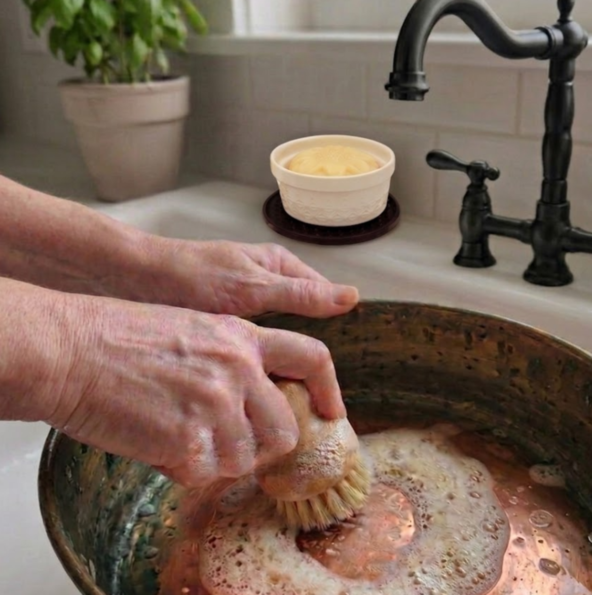 Hands cleaning copper pot with natural essential oil solid dish soap and wooden scrub brush