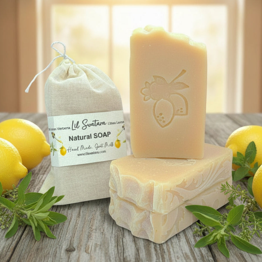 Creamy, gentle goat milk soap scented with Litsea and natural Lemon Verbena–like citrus. Kaolin clay, pure essential oils, XL 6oz bar for sensitive skin.
