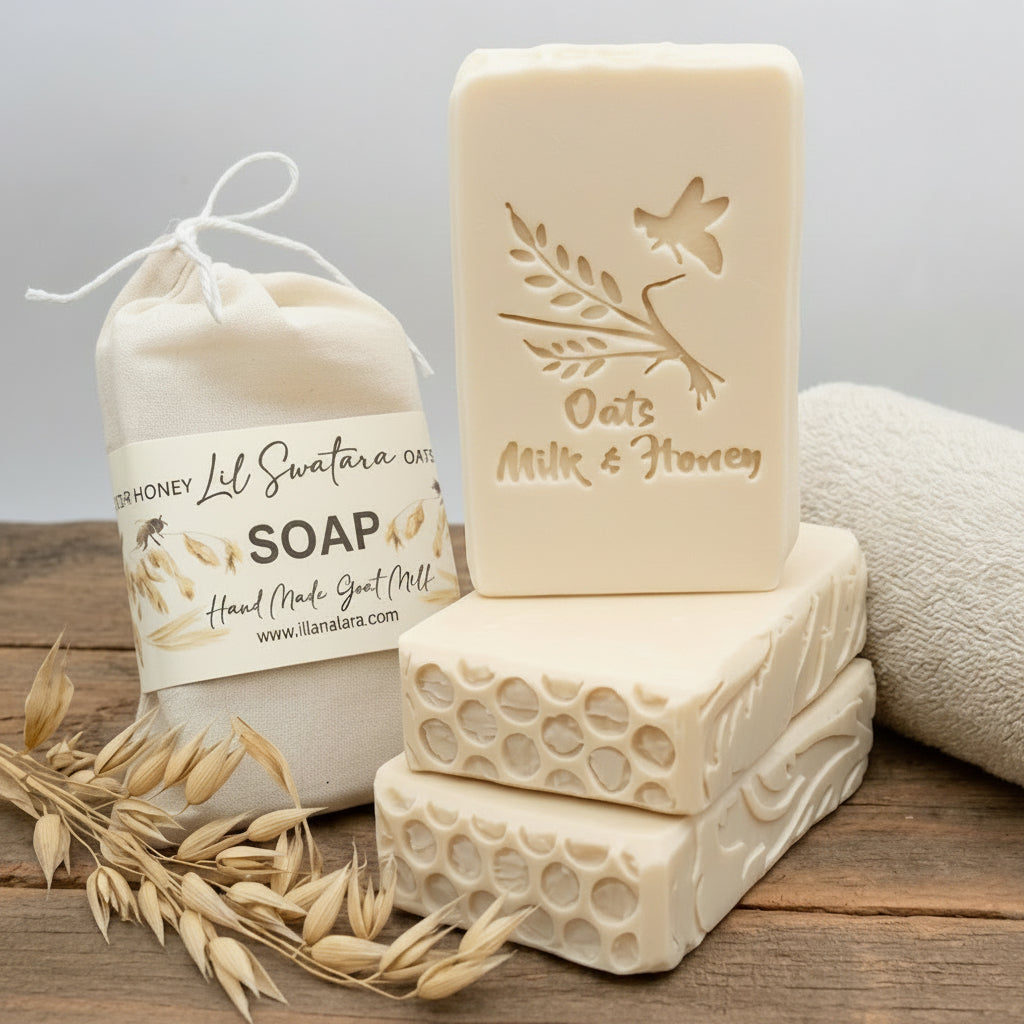 Creamy Oats Milk & Honey tallow goat milk soap bar with embossed text, stacked beside muslin soap pouch and dried oat sprigs on rustic wood.