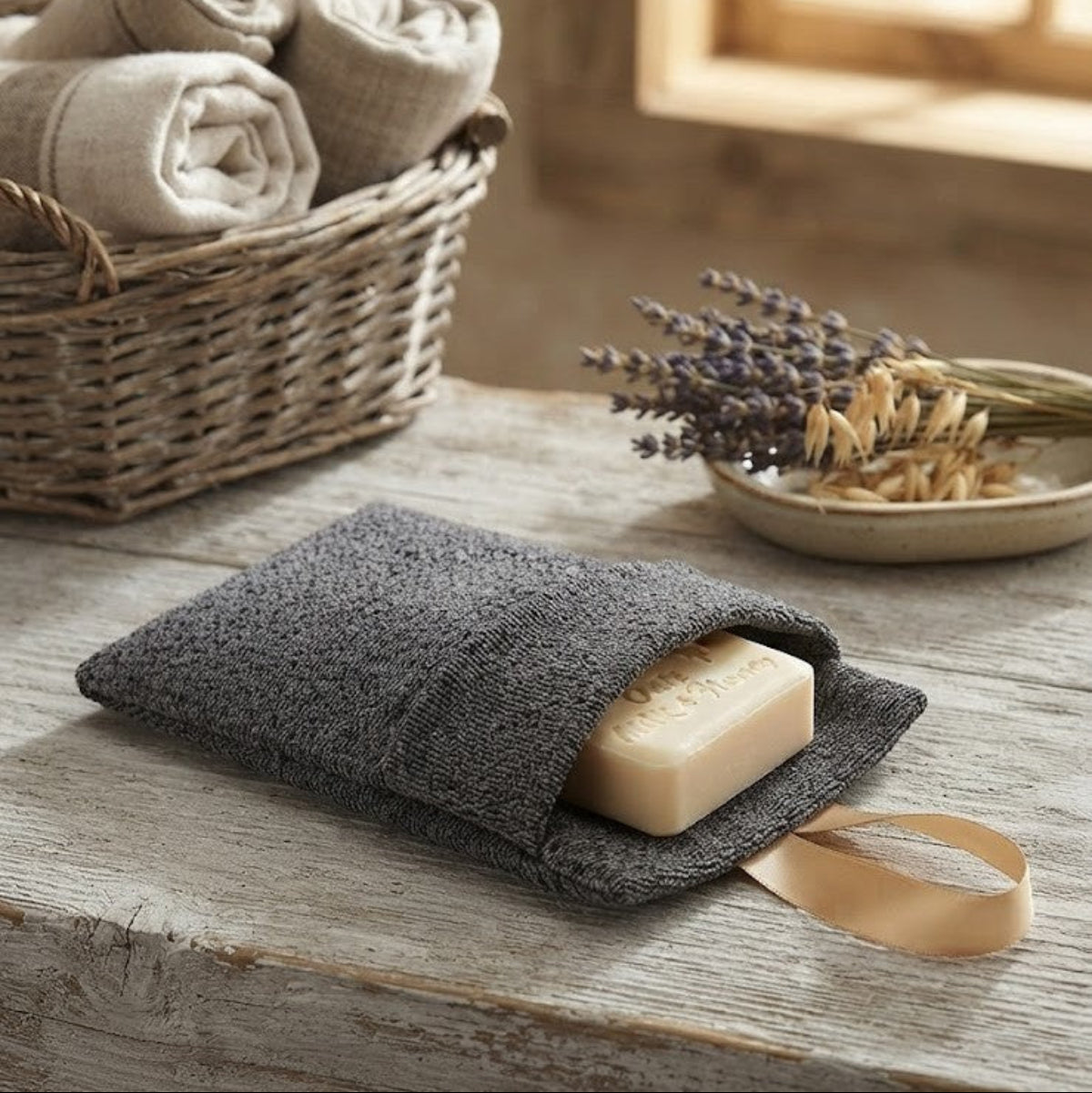Handmade Oats, Milk & Honey soap tucked inside a grey textured exfoliating soap bag with a satin ribbon loop, displayed in a rustic country setting.