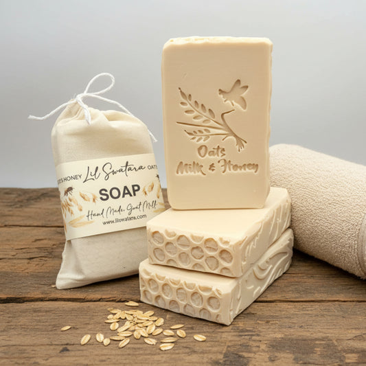 Creamy Oats Milk & Honey Goat Milk Soap – Comforting oat milk and golden honey scent for gentle cleansing. Cold-processed 6oz bar for sensitive skin.