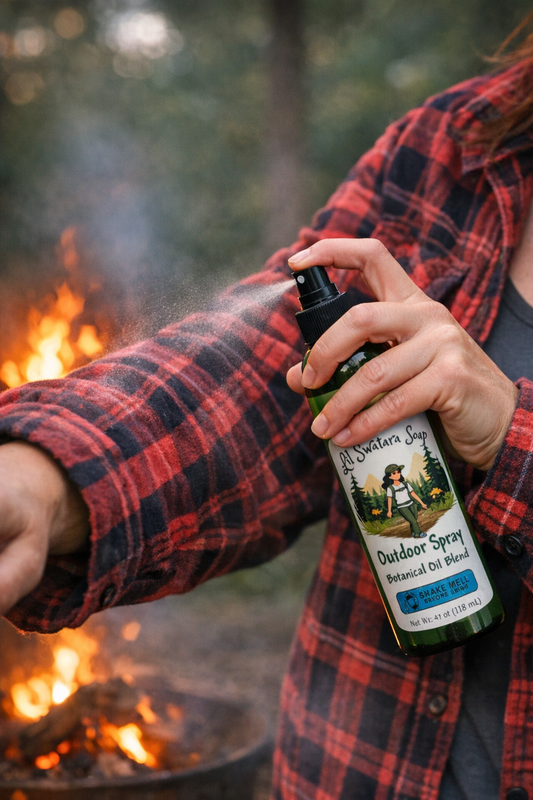 Lil Swatara Soap Outdoor Spray being applied outdoors beside a campfire, showing real use of the botanical oil blend.
