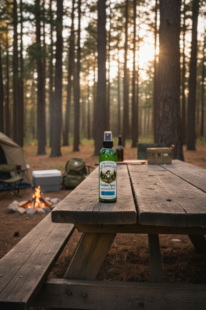 Bottle of Natural deet free outdoor botanical oil blend, spray near a campsite on picnic table. 
