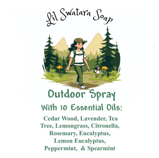 Lil Swatara Soap outdoor spray label with a nature-themed illustration and essential oil list.