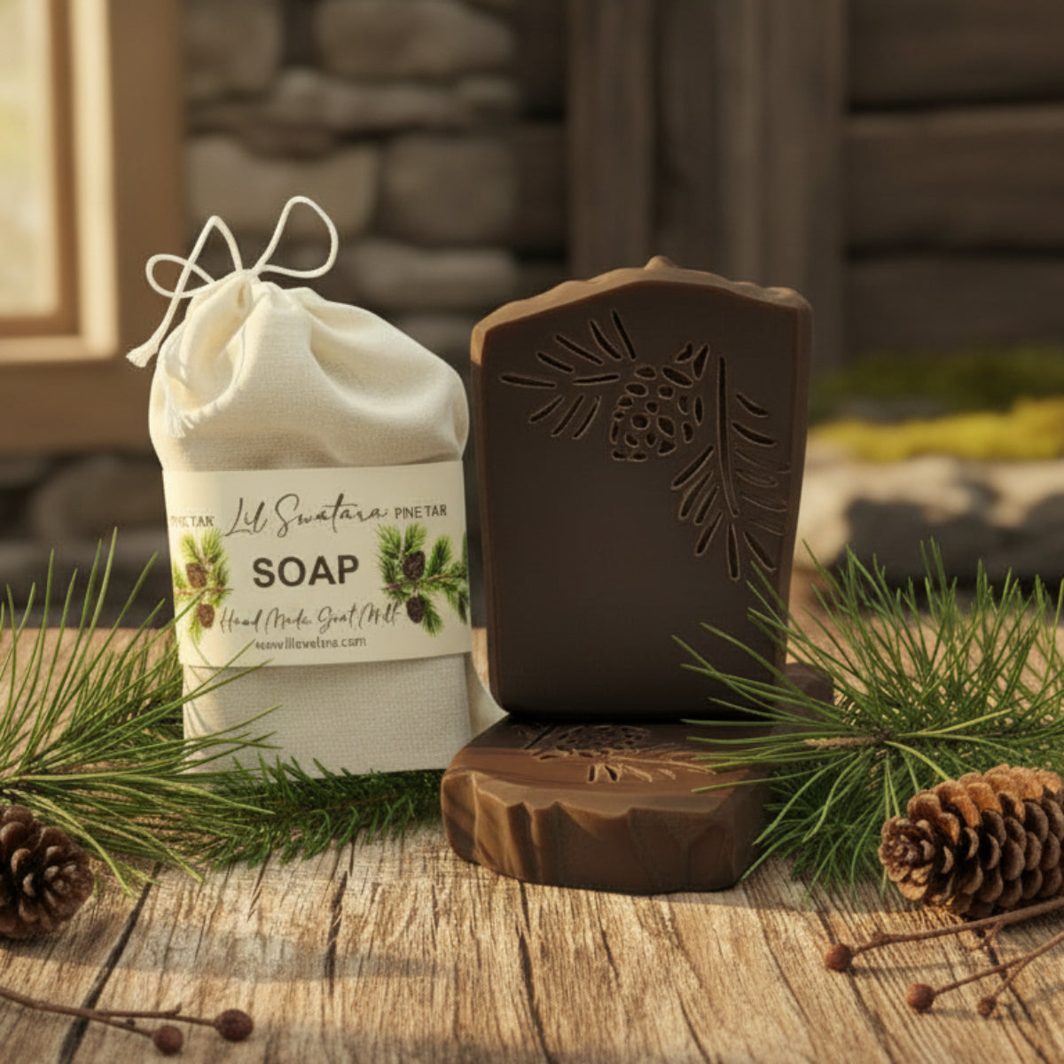 Natural Pine Tar goat milk tallow soap bar – XL 6oz old‑world creamy lather handmade soap – Lil Swatara Soap