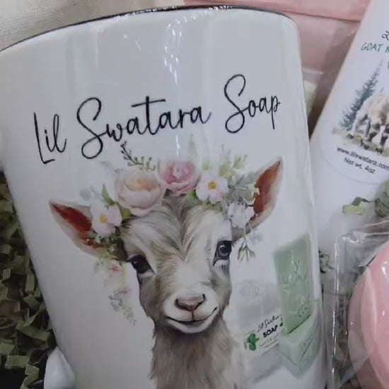Lil Swatara goat mug gift set with lotion, soap puck, lip balm, and samples in a crinkle paper box. Movie