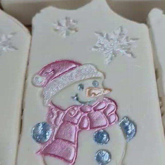 Snowman soap stamp with festive winter design, embossed snowman wearing hat and scarf, 3D printed polymer, 61x51mm impression for handmade Christmas soaps.