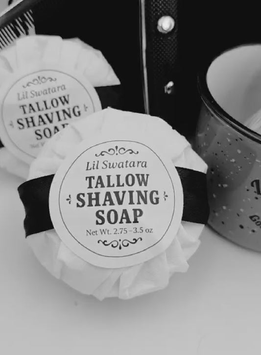 Creamy goat milk and tallow shave soap with spearmint. Includes discs, mug, and brush. Handmade, razor-friendly, and gift-ready. natural video close ups