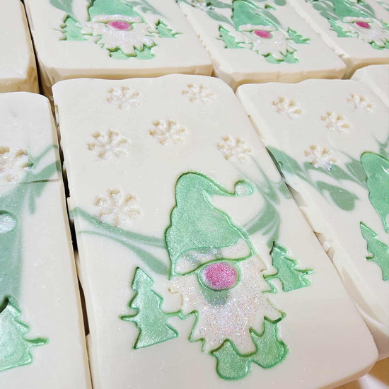 Full-size 6oz Magnolia Goat Milk Soap bar with creamy lather and soft floral design, handcrafted for elegant skin care and spring gifting.