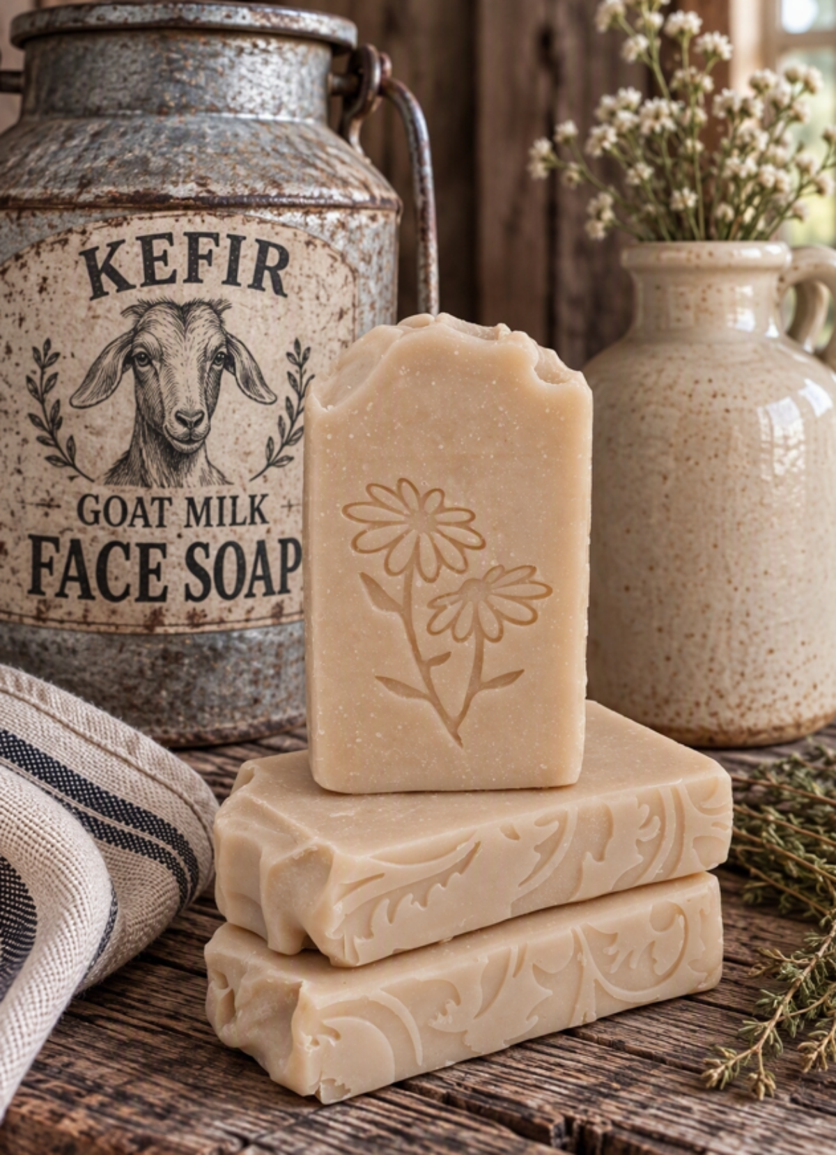 Probiotic Kefir Face Bar with goat milk, kefir and kaolin clay, handcrafted unscented tallow soap with floral stamp