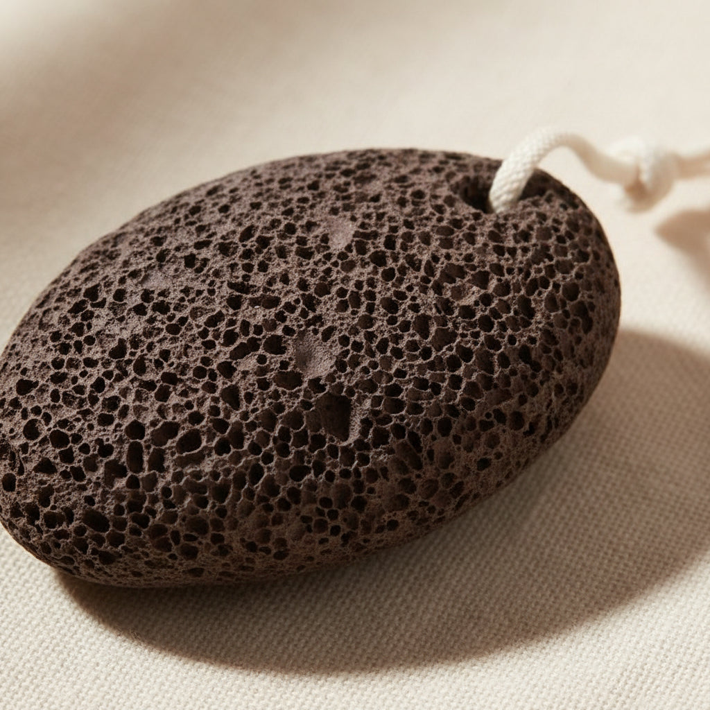 Close-up macro shot of a natural volcanic pumice stone with rope, showing its porous texture in warm rustic cottage lighting.