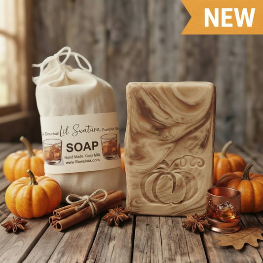 Pumpkin Bourbon Maple Spice goat milk tallow soap XL 6oz bar with warm autumn notes of pumpkin, maple sugar, bourbon, cinnamon, nutmeg, vanilla, and toasted oak displayed on rustic barnwood.
