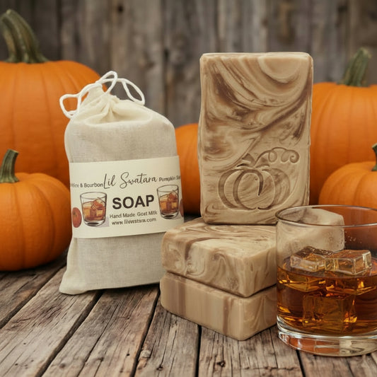 Pumpkin Bourbon Maple Spice goat milk tallow soap XL 6oz bar with warm autumn notes of pumpkin, maple sugar, bourbon, cinnamon, nutmeg, vanilla, and toasted oak displayed on rustic barnwood.
