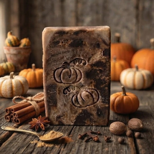Pumpkin Spice goat milk tallow soap XL 6oz bar with warm autumn spice scent, deep fall coloring, and rustic handcrafted finish displayed on barnwood.
