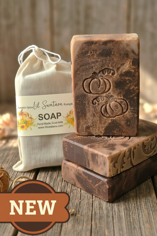 Pumpkin Spice goat milk tallow soap XL 6oz bar with warm autumn spice scent, deep fall coloring, and rustic handcrafted finish displayed on barnwood.

