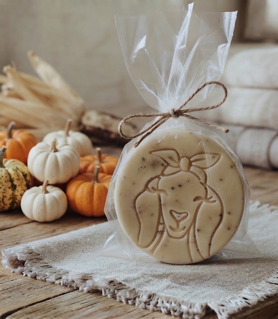 Exfoliating goat milk soap puck wrapped in clear packaging with twine, handmade on a Pennsylvania homestead.