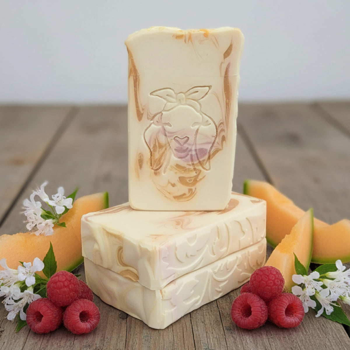 Raspberry Melon Splash goat milk soap bar with stamped design Lil Swatara soap