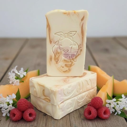 Raspberry Melon Splash goat milk soap bar with stamped design Lil Swatara soap