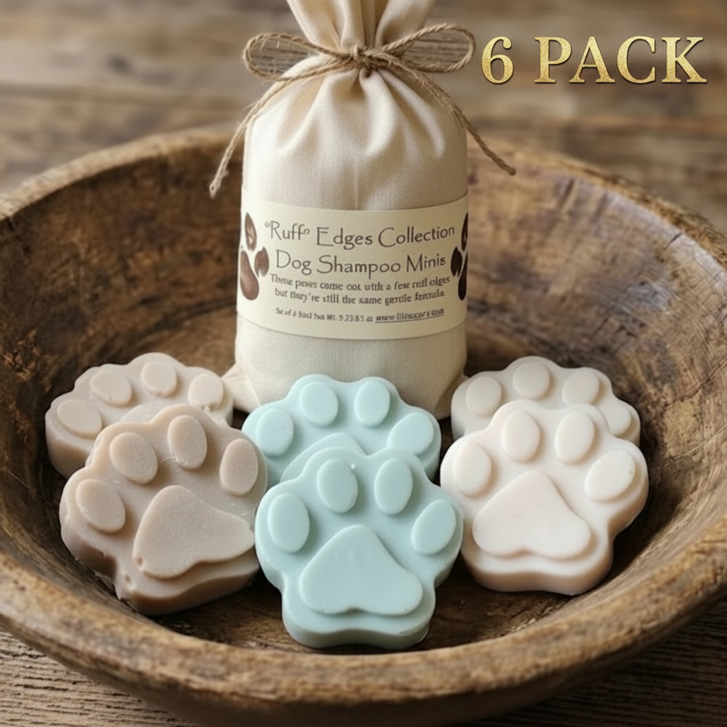 Rustic paw‑print dog shampoo minis arranged in a bowl with the Ruff Edges Collection tag.