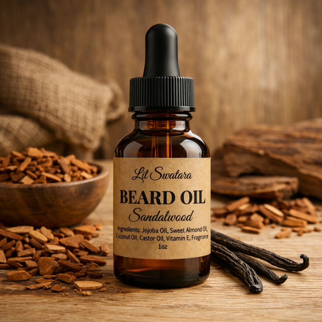 Sandalwood beard oil for men in amber dropper bottle on light wood surrounded by sandalwood chips and burlap, Lil Swatara