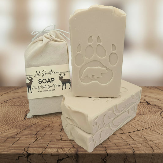Sandalwood musk goat milk soap bar with creamy lather and woodsy scent