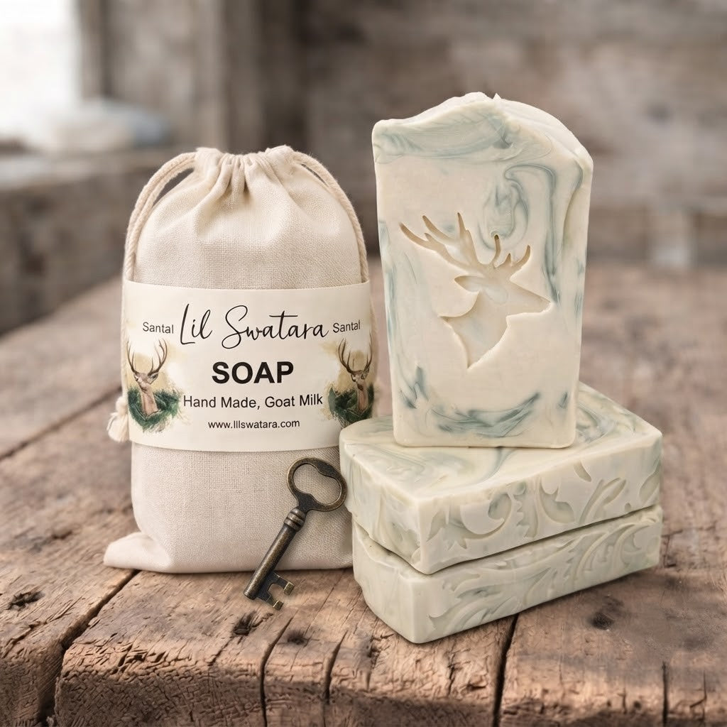 Santal Spiced Leather Woods tallow goat milk soap bars with deer emboss beside muslin bag and key on rustic wood, handmade by Lil Swatara.