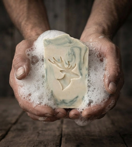 Santal Spiced Leather Woods tallow goat milk soap held in lathered hands showing deer head emboss and subtle green marbling, handmade by Lil Swatara.