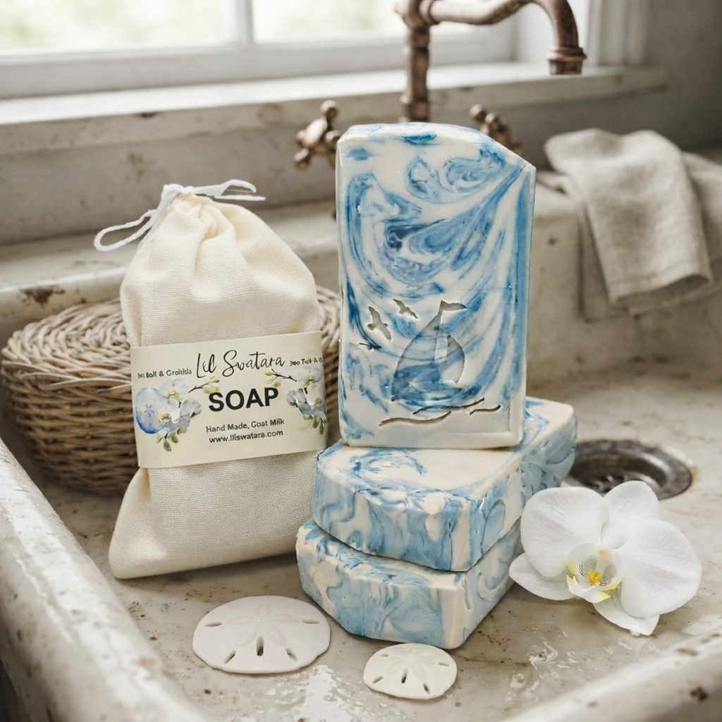 Sea Salt & Orchid tallow goat milk soap with creamy white base and teal swirls, sailboat stamp, orchid flower, and sand dollars on soft coastal beach with dunes and pale sky.