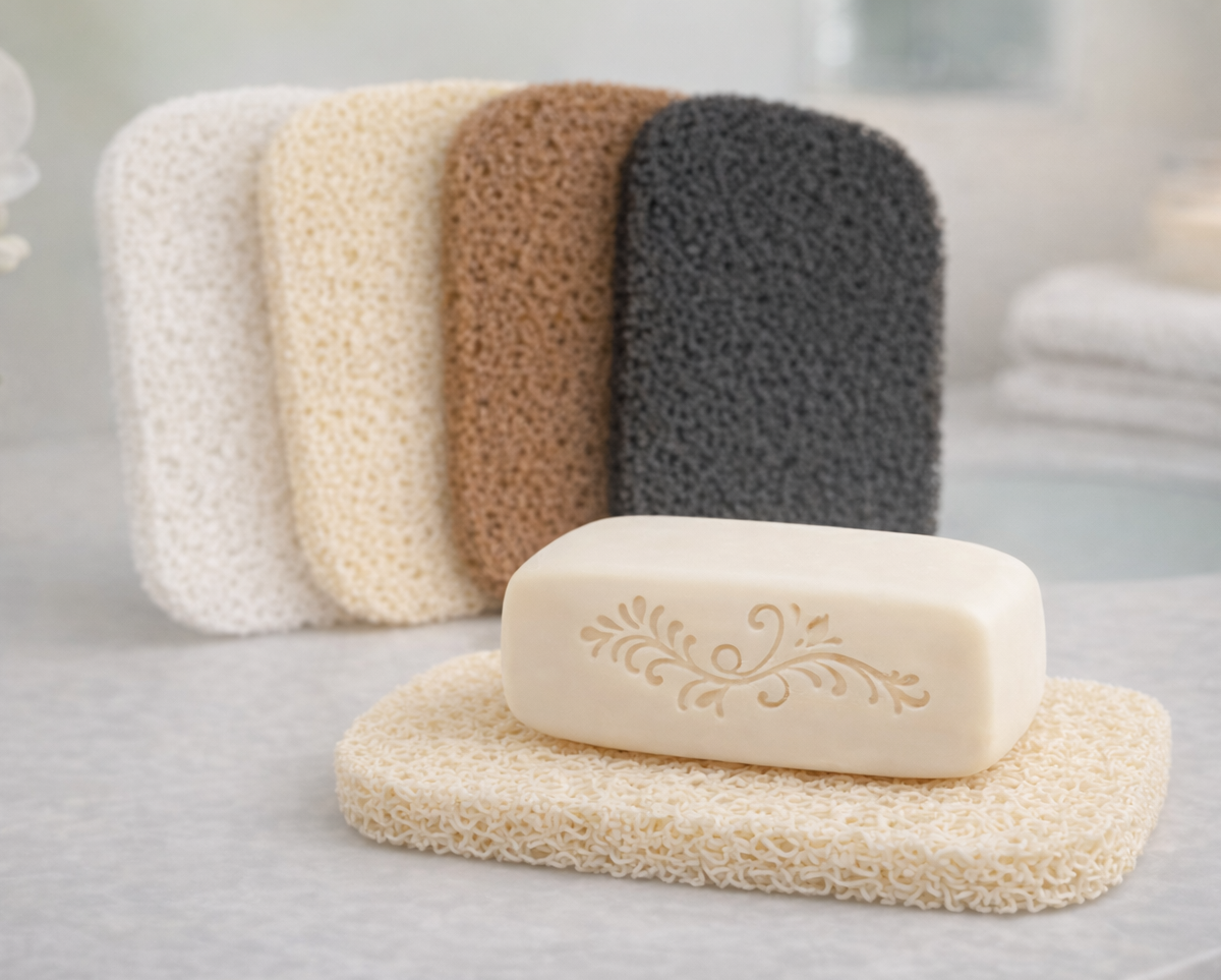 Bar of soap on a decorative soap dish with three textured soap holders in the background.