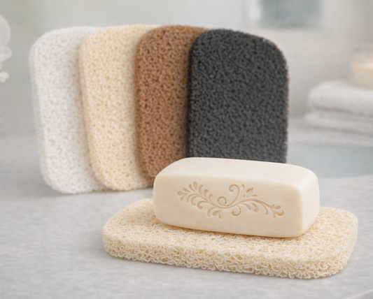 Bar of soap on a decorative soap dish with three textured soap holders in the background.