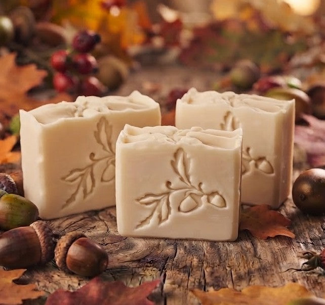 Three rectangular bars of handmade soap showing acorn soap stamp with embossed leaf and acorn designs, displayed on a rustic wooden surface surrounded by autumn leaves, acorns, and berries.