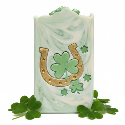 Creates LARGE, crisp Lucky Trio impressions with a premium wood backed stamp. The clover, horseshoe, and heart motif is ideal for St. Patrick’s Day soaps, good luck themed batches, market displays, and seasonal gift sets.