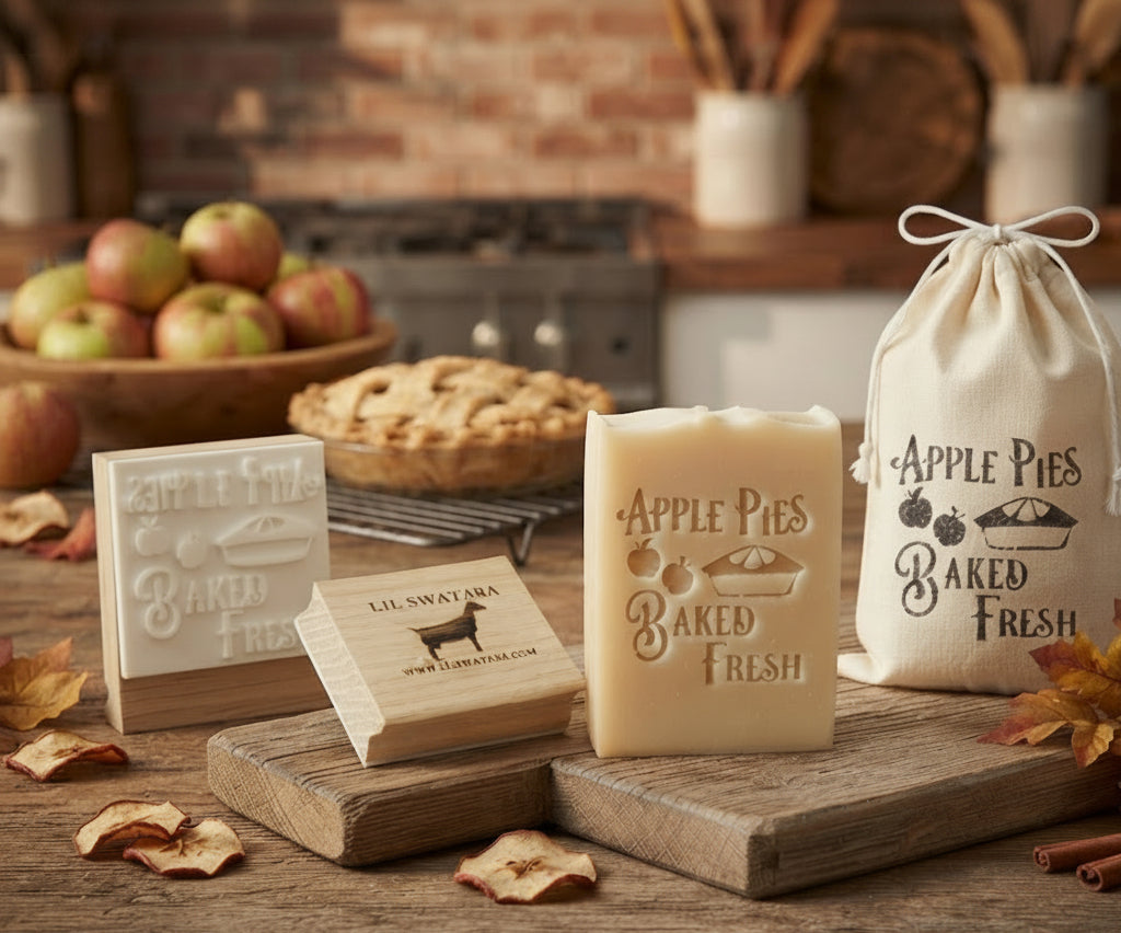 soap stamp image and A styled product display featuring a cream-colored soap bar and wooden blocks stamped with 'Apple Pies Baked Fresh,' alongside a cream drawstring pouch with matching text, arranged on a rustic wooden table with apples, cinnamon, and a pie in the background.