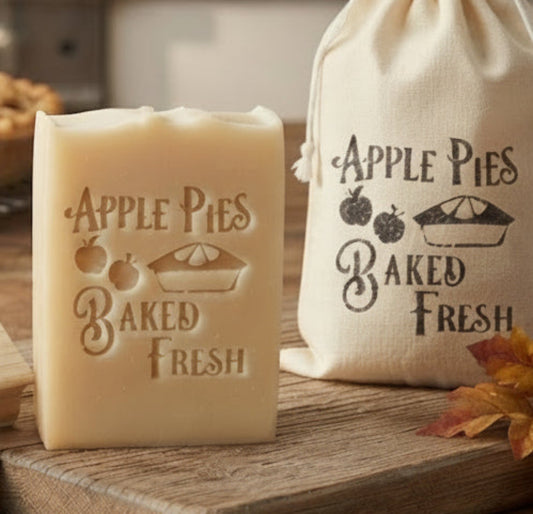 LARGE SOAP STAMP – Apple Pies Baked Fresh Fall Kitchen Design creates LARGE, crisp impressions featuring warm apple pie imagery and baked‑fresh lettering, perfect for cozy fall handmade soaps.
