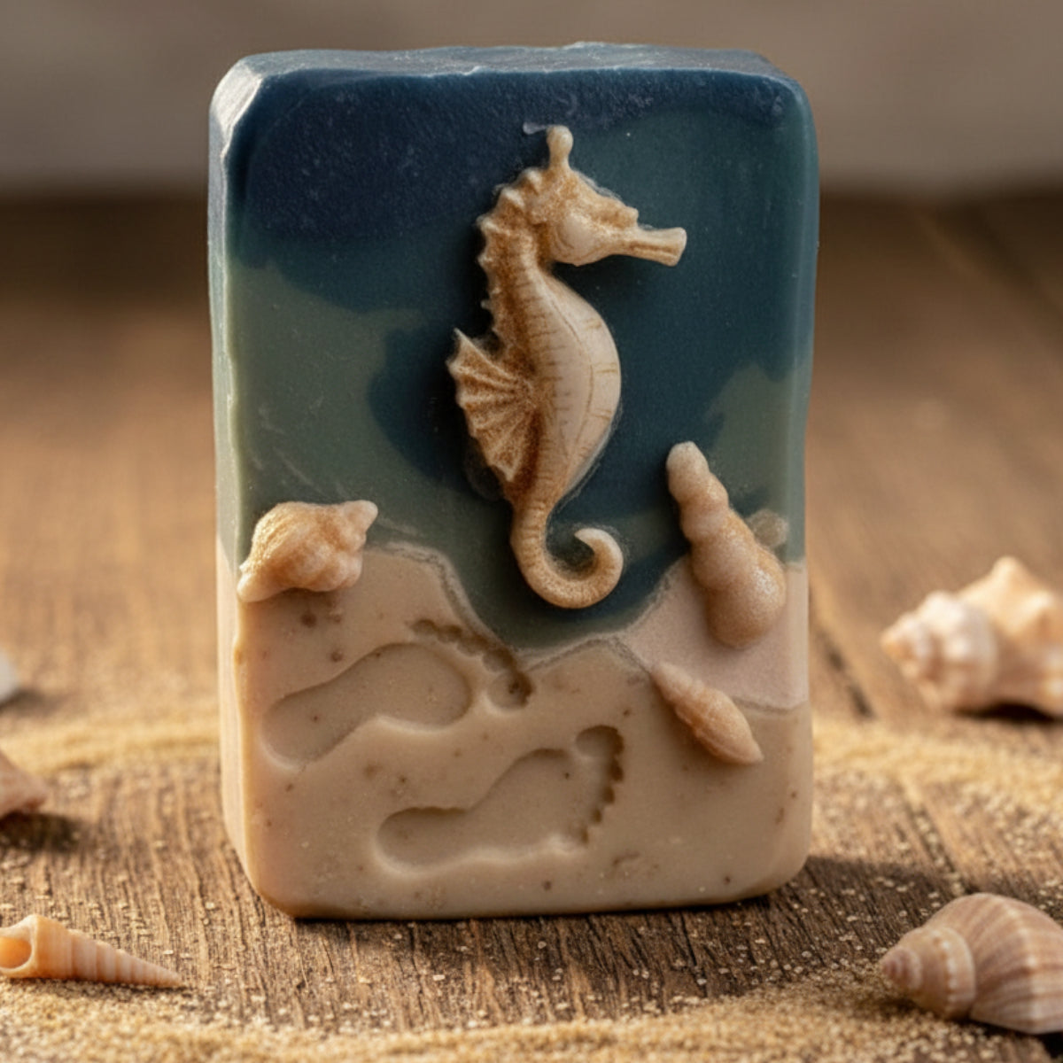SOAP STAMP – Beach Footprints in Sand Summer Design creates crisp impressions featuring footprints in warm beach sand, perfect for summer and coastal handmade soaps.
