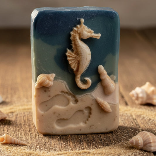 SOAP STAMP – Beach Footprints in Sand Summer Design creates crisp impressions featuring footprints in warm beach sand, perfect for summer and coastal handmade soaps.
