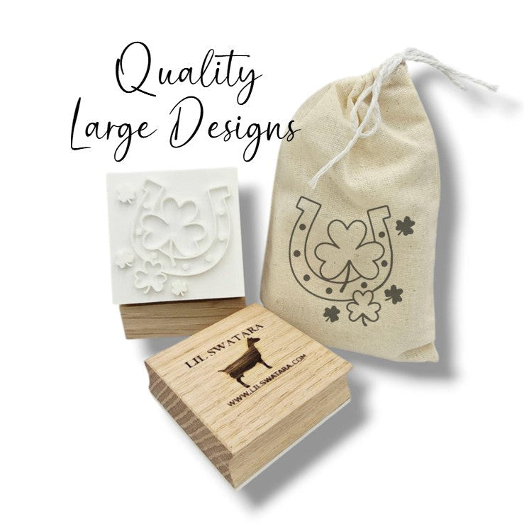 Wooden soap stamp with clover, horseshoe, and heart design, perfect for St. Patrick’s Day and luck-themed handmade soaps.